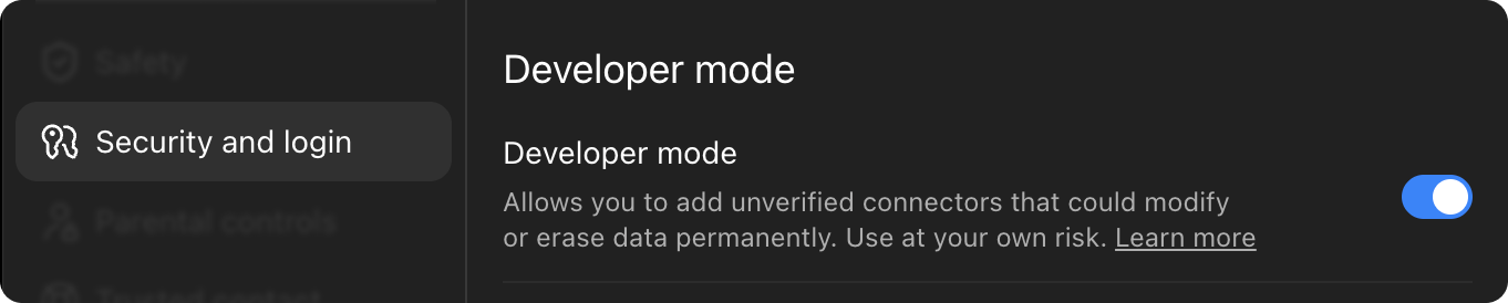 ChatGPT settings, Security and login section, with the Developer mode switch on