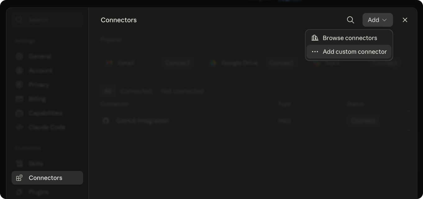 Claude Connectors settings with Add custom connector selected in the Add menu